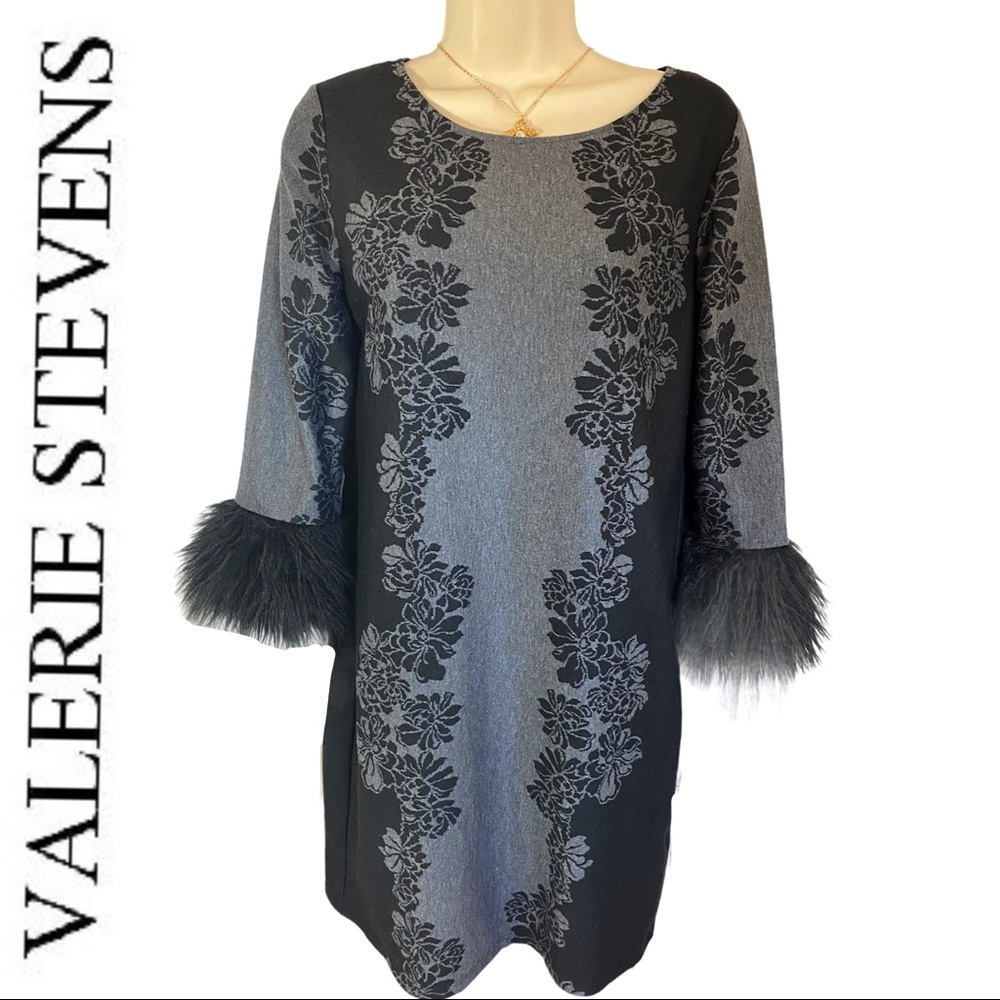 VALERIE STEVENS dress Faux Fur Black/Gray Floral S